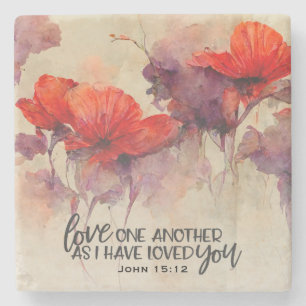 John 15:12 Love One Another Bible Verse Red Floral Stone Coaster
