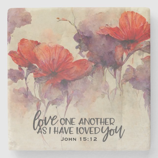 John 15:12 Love One Another Bible Verse Red Floral Stone Coaster (Front)