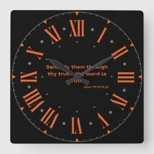 John 17:17 KJV Bible Verse Orange Roman Numeral Square Wall Clock