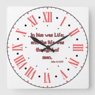 John 1:4 KJV Bible Verse II Roman Numeral Square Wall Clock