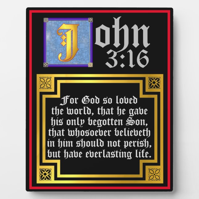John 316 Blue Illuminated Letter Easter Biblical Plaque (Front)