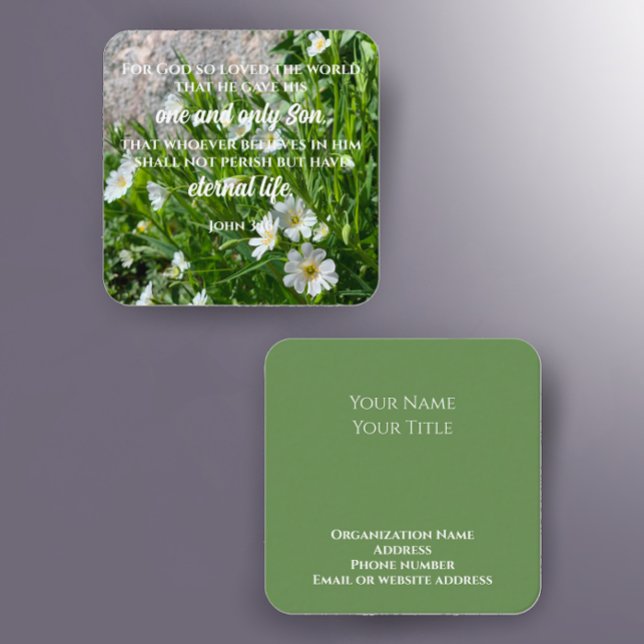 John 3:16 Bible Verse | Flower Photo Custom Text Square Business Card (Add your custom text to this unique floral Bible scripture card. Sage green botanical business card.)