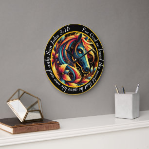 John 3:16 Christian Blue And White Abstract Horse  Large Clock