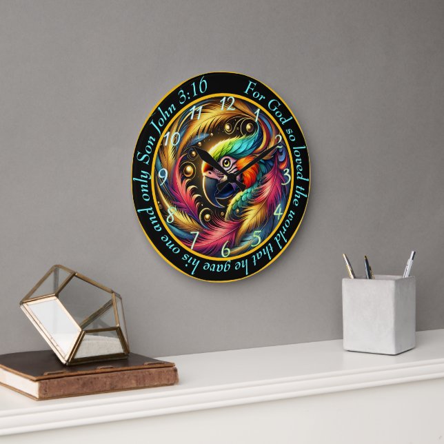 John 3:16 Christian Exotic Parrot Bold Decor  Large Clock (Office)