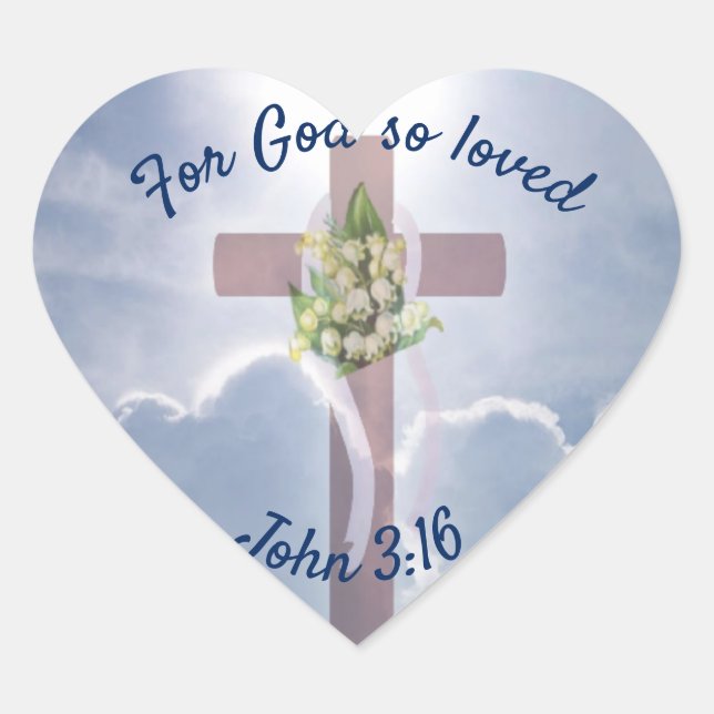 John 3:16, Christian Religion, Cross in Clouds Heart Sticker (Front)