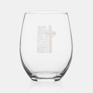 John 3_16 Cross Vintage Engraving Christian Design Stemless Wine Glass