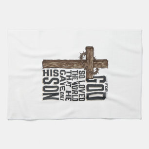 John 3_16 Cross Vintage Engraving Christian Design Tea Towel