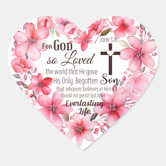 John 3:16 Floral Heart Bible Verse Sticker (Front)