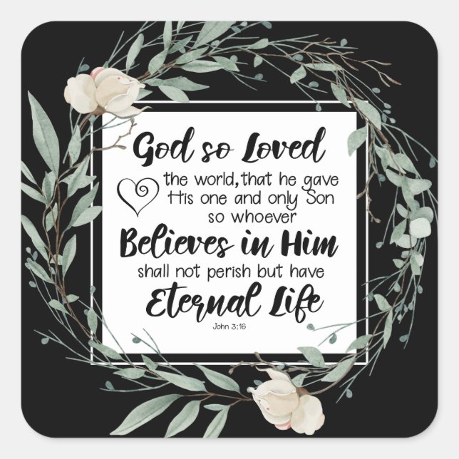 John 3:16 God so Loved the World Bible Verse Square Sticker (Front)