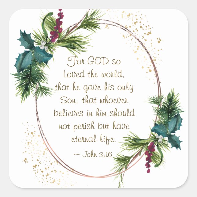 John 3:16 God so Loved the World Christmas Square Sticker (Front)