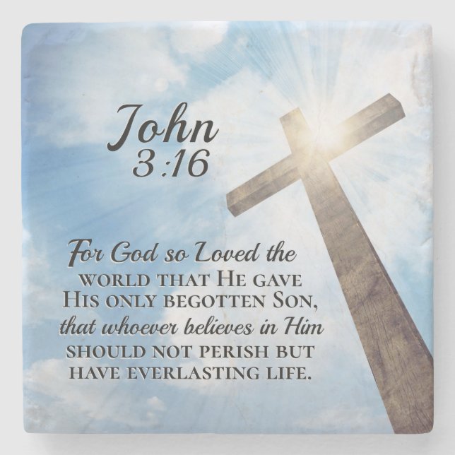 John 3:16 God so Loved the World Wooden Cross Stone Coaster (Front)