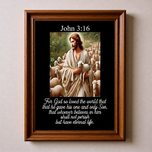 John 3:16 Good Shepherd Cradling Lamb Flock Staff Poster