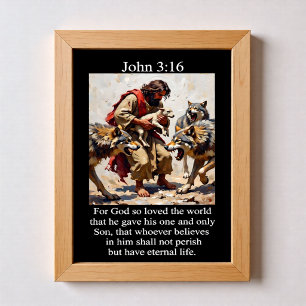 John 3:16 Good Shepherd Delivering Lamb Wolves Poster