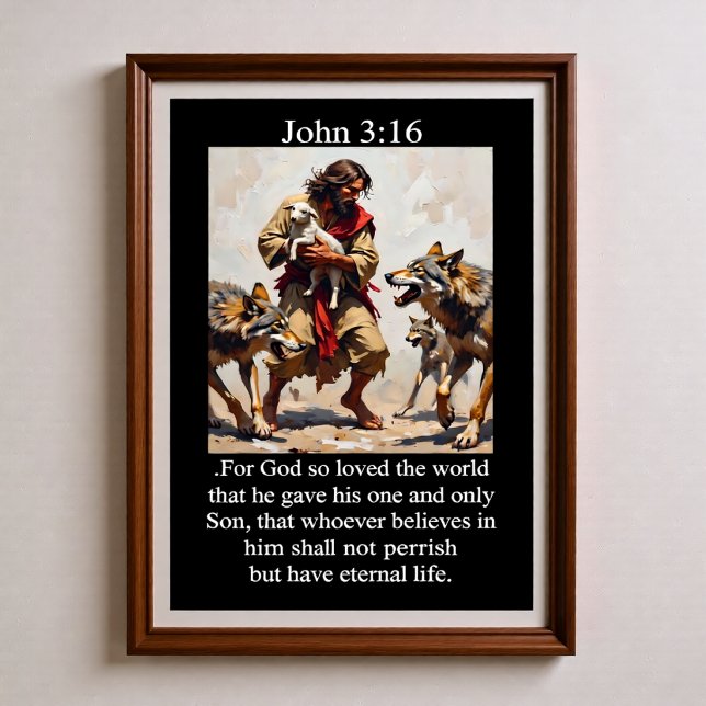 John 3:16 Good Shepherd Protecting Lamb From Wolve Poster (Creator Uploaded)