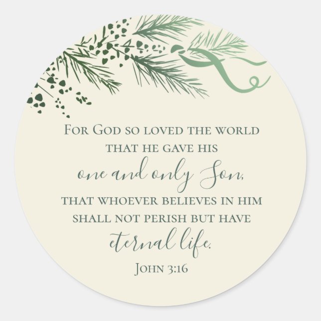 John 3:16 Hand Drawn Greenery Christian Christmas Classic Round Sticker (Front)