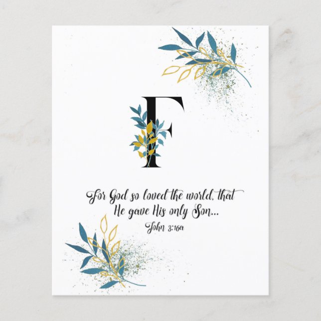John 3:16, Letter F, Watercolor scripture card (Front)
