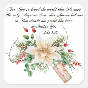 John 3:16 - Merry Christmas Scripture Floral Square Sticker