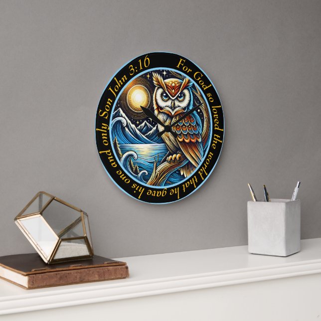 John 3:16 Mystic Owl For God is So Great Large Clock (Office)