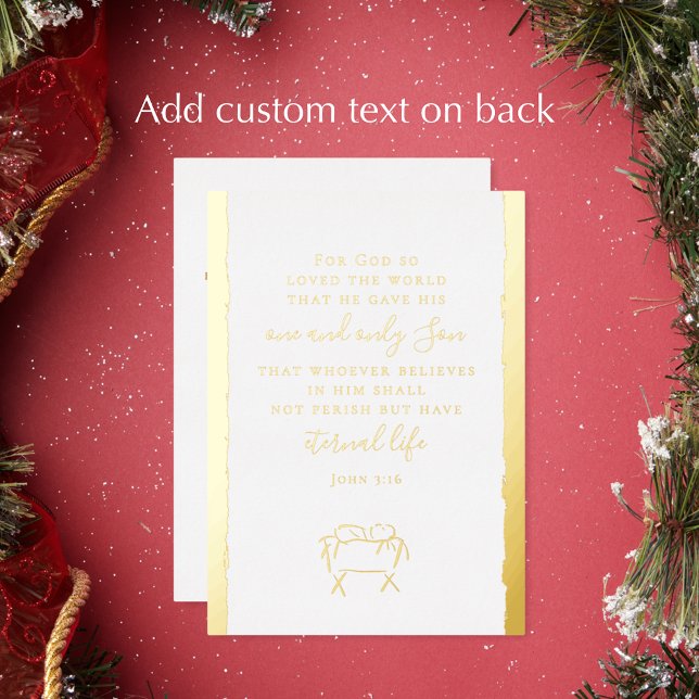 John 3:16 Personalized Christmas Nativity Gold Foil Holiday Card (Personalize the back of this John 3:16 gold foil Christmas card. Original nativity religious holiday)