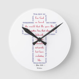 John 3:16 Red, White and Blue Cross Round Clock