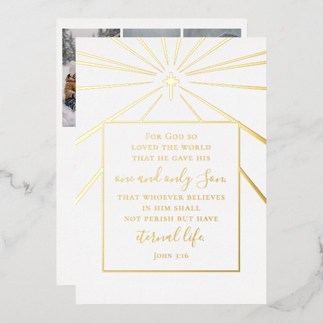 John 3:16 Scripture Christmas Photo Gold   Foil Holiday Card (Front/Back)