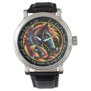 John 3:16 Vibrant Horse Timepiece Nature Faith Watch