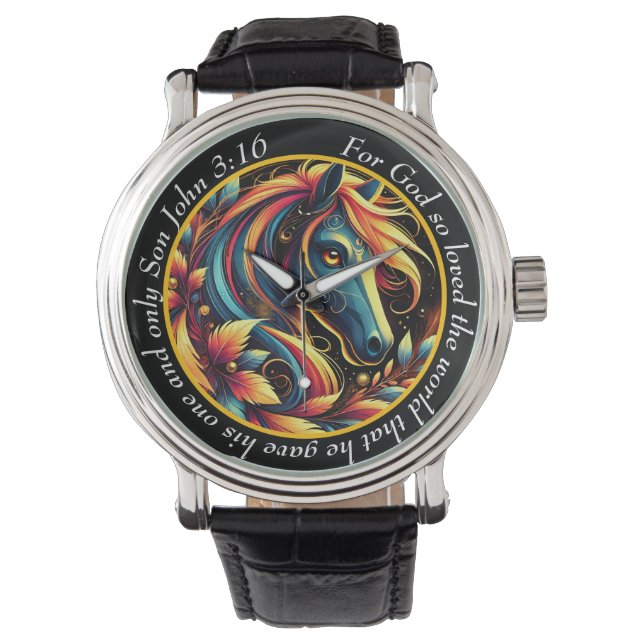 John 3:16 Vibrant Horse Timepiece Nature Faith Watch (Front)