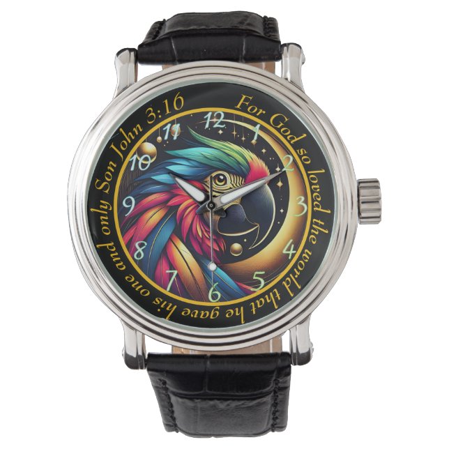 John 3:16 Vibrant Parrot Timepiece Celestial Faith Watch (Front)
