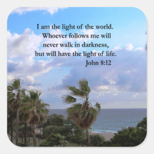 JOHN 8:12 PALM TREE AND OCEAN PHOTO  DESIGN SQUARE STICKER