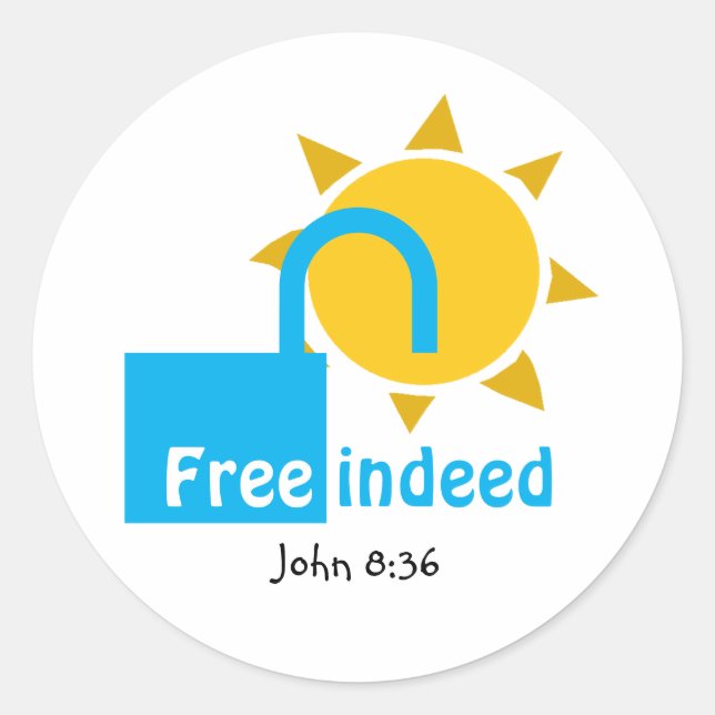 John 8:36 FREE INDEED Customisable Christian CYAN Classic Round Sticker (Front)