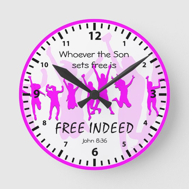 John 8:36 | If the Son sets you | FREE INDEED Pink Round Clock (Front)