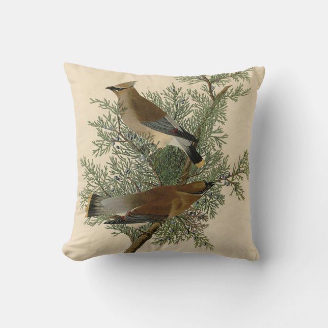 John James Audubon Cedar Waxwing Bird Print Cushion (Front)