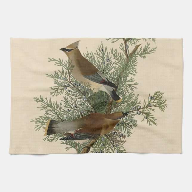 John James Audubon Cedar Waxwing Bird Print Tea Towel (Horizontal)
