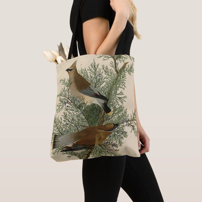 John James Audubon Cedar Waxwing Bird Print Tote Bag (Close Up)