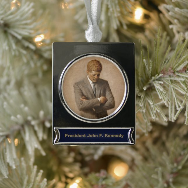 John Kennedy US Presidential White House Portrait  Silver Plated Banner Ornament (Tree)