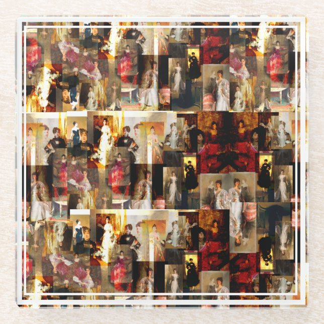 .John Singer Sargent Elegant Lady Portrait Collage Glass Coaster (Front)