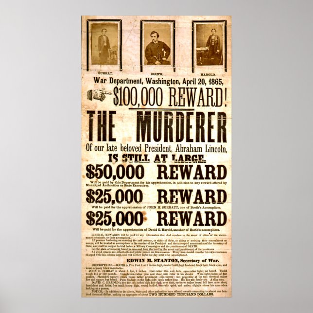 John Wilkes Booth Wanted For Assassination  Poster (Front)