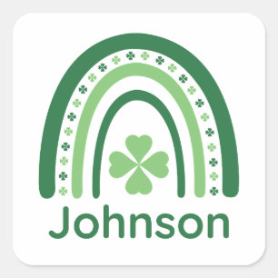Johnson Name Clover Boho Rainbow Square Sticker
