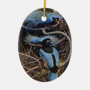 Johnston Vintage Blue Bird Paradise Illustration Ceramic Tree Decoration