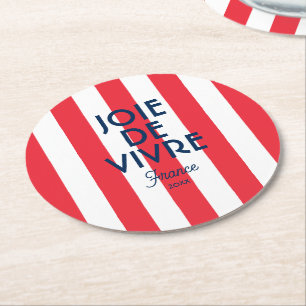Joie De Vivre France Red Cabana Stripe French Round Paper Coaster