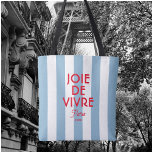 Joie De Vivre Paris French Blue Cabana Stripe Tote Bag<br><div class="desc">Carry a touch of French elegance wherever you go with our 'Joie De Vivre' Paris French Blue Cabana Stripe French Tote Bag. Featuring a chic blue cabana stripe design, this versatile tote is perfect for everyday use, from beach trips to casual shopping outings. Personalise it with your custom year and...</div>