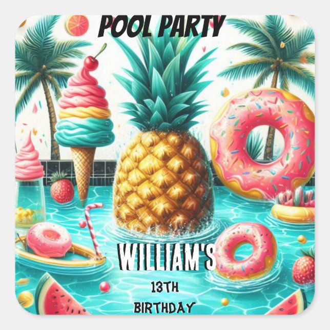 Join boy water blue Cool Pool Party 13th Birthday Square Sticker (Front)