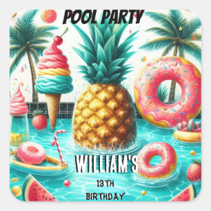 Join boy water blue Cool Pool Party 13th Birthday Square Sticker