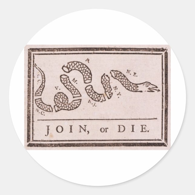 Join or Die Benjamin Franklin Political Cartoon Classic Round Sticker (Front)