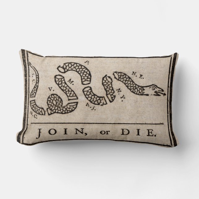 Join or Die Political Cartoon by Benjamin Franklin Lumbar Cushion (Front)