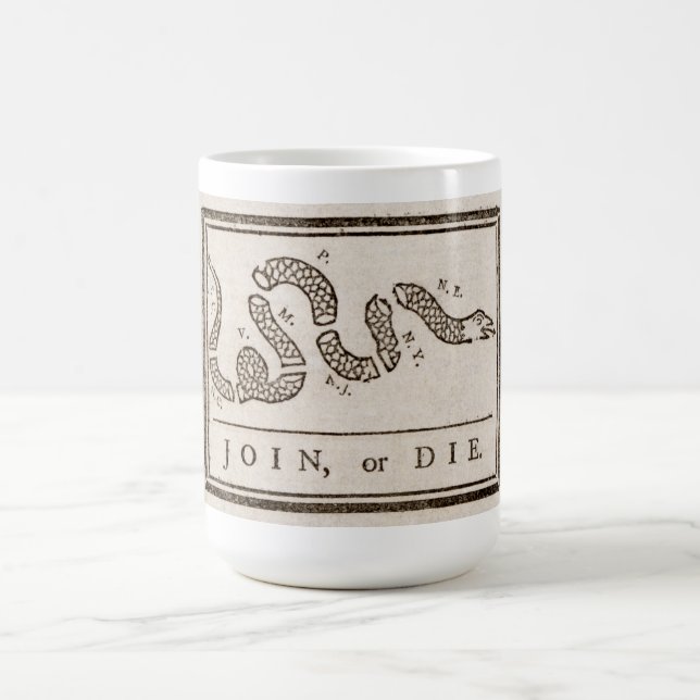 Join or Die Rattlesnake: Cartoon Benjamin Franklin Coffee Mug (Center)