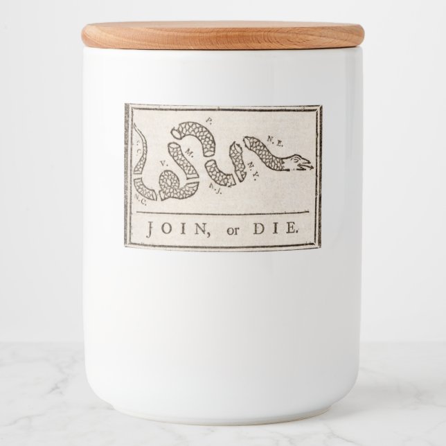 Join or Die Rattlesnake: Cartoon Benjamin Franklin Food Label (Front)