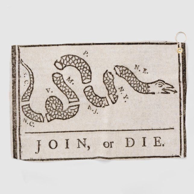 Join or Die Rattlesnake: Cartoon Benjamin Franklin Golf Towel (Horizontal)