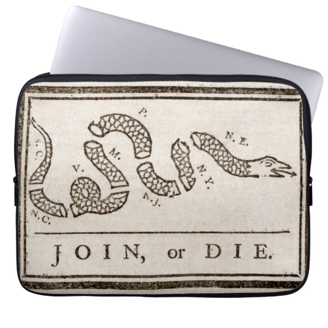 Join or Die Rattlesnake: Cartoon Benjamin Franklin Laptop Sleeve (Front)