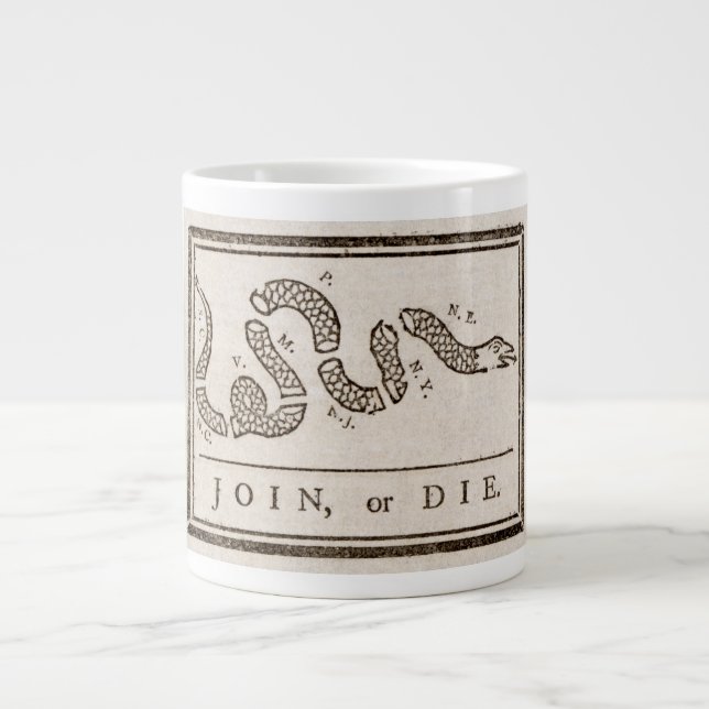 Join or Die Rattlesnake: Cartoon Benjamin Franklin Large Coffee Mug (Front)